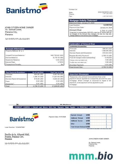 Panama Banistmo Bank wyciąg z kredytu hipotecznego w formatach Word i PDF